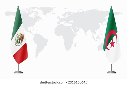 Mexico and Algeria flags for official meeting against background of world map.