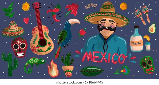 México al estilo americano con un fondo colorido. Decoración de vacaciones. Ilustración vectorial de la silueta de la ciudad.Paisaje urbano. Icono del vector. Cielo azul. Diseño de vectores.