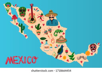 Mexico in american style on colorful background. Holiday decoration. City skyline vector illustration. Urban landscape. Vector icon. Blue sky. Vector design.