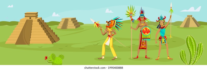 Mexico ancient civilization concept, vector illustration, history aztec tribe culture, man woman people maya in ethnic clothes stand near pyramid.