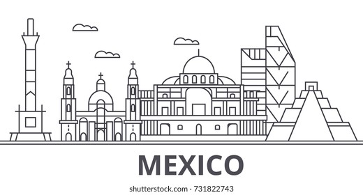 Mexico architecture line skyline illustration. Linear vector cityscape with famous landmarks, city sights, design icons. Landscape wtih editable strokes