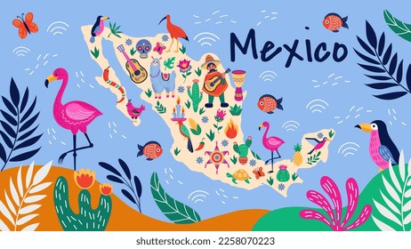 Mexico art. Mexican travel map with animals and country attributes. Llama and turtle. Muertos skull. Nature and traditional holidays. Pinata party. Vector cartoon tidy banner design