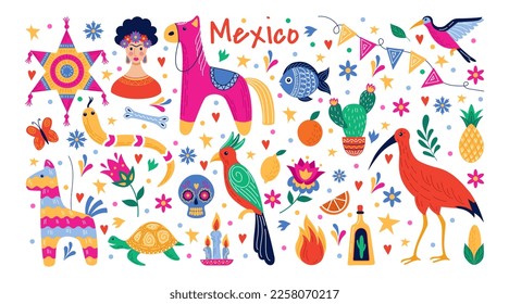 Mexico art pattern, mexican stickers. Nature flowers, sombrero and funny animals, travel festival banner, holiday floral card. Celebrate symbols. Vector cartoon illustration tidy collection