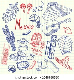 Mexico associated symbols. Mexican national, cultural, culinary, nature, historical, fashion related doodles drawn on squared paper blue and red pan vector set. Sketched with pen latin theme icons