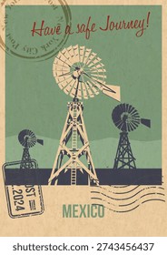 Mexico Attraction Postcard, Traditional Windmill Ranch Illustration, Vector Template Retro Style Greeting Card. Postal Imprint, Aged Paper Texture