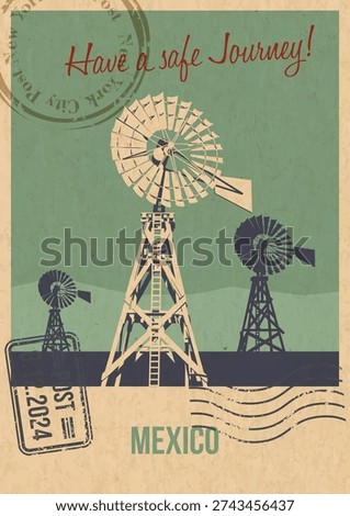 Mexico Attraction Postcard, Traditional Windmill Ranch Illustration, Vector Template Retro Style Greeting Card. Postal Imprint, Aged Paper Texture