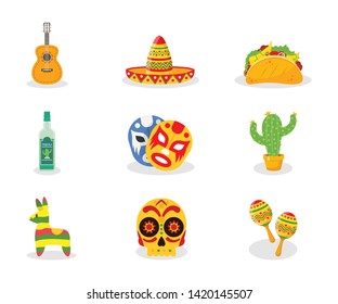 Mexico attributes flat vector illustrations set. Guitar, sombrero and taco. Traditional mexican food and drink. Tequila, luchador masks and cactus. Authentic national symbols. Ornate skull and maracas