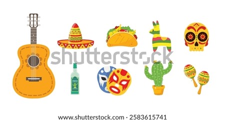 Mexico attributes set. Guitar, sombrero and taco. Traditional Mexican food and drink. Tequila, luchador masks and cactus. Ornate skull and maracas. Cartoon vector illustrations collection.
