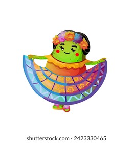 Mexico avocado women Dancer for Cinco De Mayo festival. Mexican and Latin music folk celebration. Vector Illustration. Cartoon character dressed in traditional attire. Perfect for posters and banners