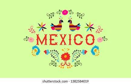Mexico background, Abstract Colorful Mexican flowers, Abstract Birds, Vector illustration