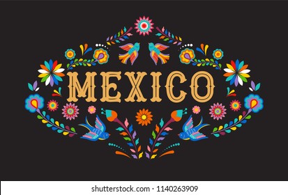 Mexico background, banner with colorful Mexican flowers, birds and elements. Vector illustration