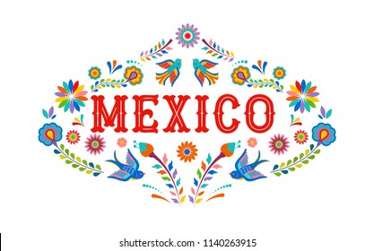 Mexico background, banner with colorful Mexican flowers, birds and elements. Vector illustration