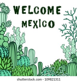 Mexico background. Collection of the doodles cactus.