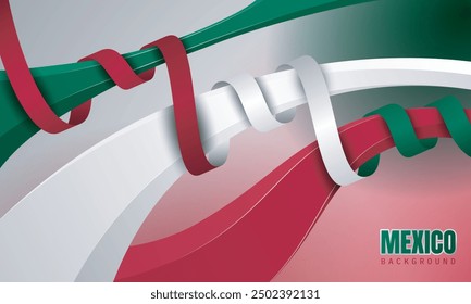 Mexico background design with green, white and red flutters in 3d style wrapped with ribbon. Good template for Mexico national day template design