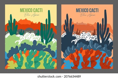 Mexico background with leaves of succulents cacti in multiple colors for design. Vector illustration with the ability to change colors and move objects.