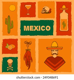 Mexico background, vector Mexican icons, cactus, tequila illustration