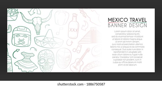 Mexico Banner Doodles.Travel Background Hand drawn. mexican Culture illustration. Fiesta Vector Horizontal Design.