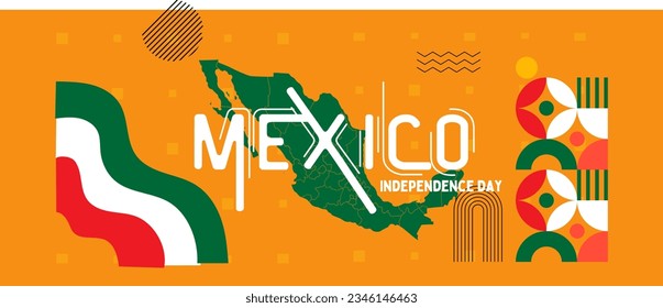 Mexico banner for national day with abstract modern design. Mexican flag and map with typography and green red color theme.