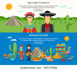 Mexico banner set with colorful elements of native culture landscape and sightseeings vector illustration