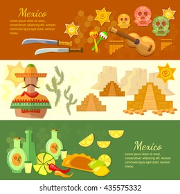 Mexico banners mexican culture and food poncho guitar sombrero vector illustration 