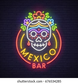 Mexico bar neon sign. Neon sign, bright signboard, light banner. 