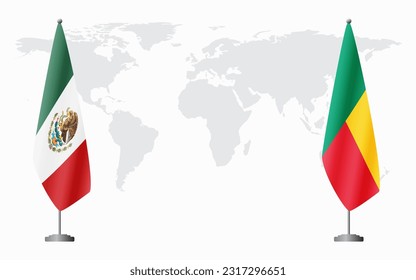 Mexico and Benin flags for official meeting against background of world map.