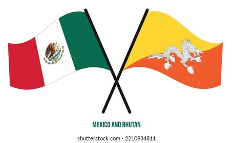 Mexico and Bhutan Flags Crossed And Waving Flat Style. Official Proportion. Correct Colors.