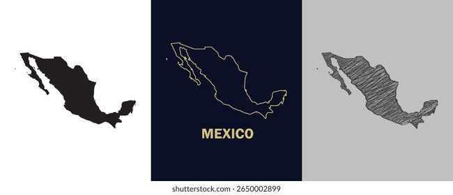 MÉXICO Preto, Ouro, Esboço Mapa Ilustração Vetor Abstrato Imagem editável