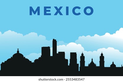 Mexico. Black silhouette of the city skyline. Vector on the background of blue sky with white clouds