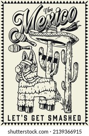 Mexiko-Schwarz-Weiß-Vintage-Poster mit Pinata-Spielzeug mit Ziegelsteinen, prickly Kakteen mit Sombrero auf einem davon, Maracas, Chilischoten, Vektorgrafik