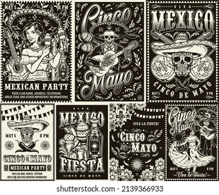 Mexico black and white vintage posters collection with inscription, attractive woman shaking maracas, mariachi skeleton playing guitar, calavera skull against crossed guitars, tequila drinks, flower