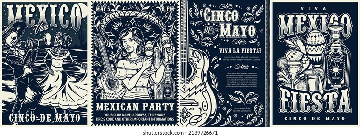 Mexico black and white vintage posters set with mariachi skeleton trumpeter, dead woman dancing, girl in sombrero shaking maracas, painted acoustic guitar, tequila drinks, vector illustration