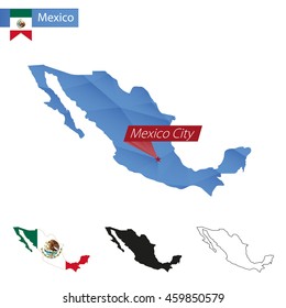 Mexico blue Low Poly map with capital Mexico City, versions with flag, black and outline. Vector Illustration.