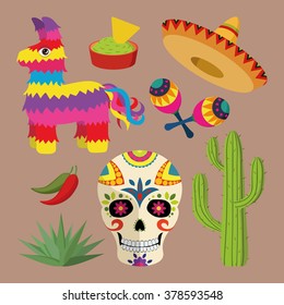 Mexico bright icon set with national mexican objects: sombrero, skull, agave, cactus, pinata, jalapeno peppers, maracas, guacamole and nacho chips isolated on brown background, vector illustration