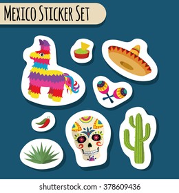 Mexico bright sticker set with national Mexican objects: sombrero, skull, agave, cactus, pinata, jalapeno peppers, maracas, guacamole and nacho chips isolated, vector illustration