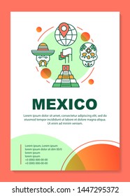 Mexico brochure template layout. Mexican tourist attractions. Flyer, booklet, leaflet print design with linear illustrations. Vector page layouts for magazines, annual reports, advertising posters