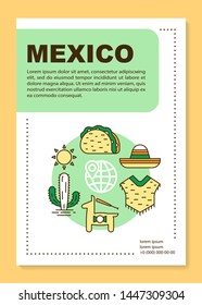 Mexico brochure template layout. Mexican culture and nature. Flyer, booklet, leaflet print design with linear illustrations. Vector page layouts for magazines, annual reports, advertising posters