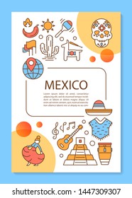 Mexico brochure template layout. Mexican travel agency flyer, booklet, leaflet print design with linear illustrations. Vector page layouts for magazines, annual reports, advertising posters