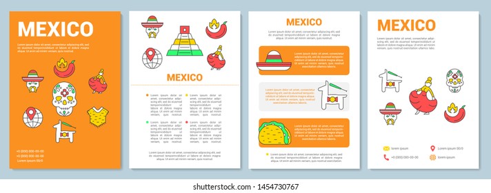 Mexico brochure template layout. Mexican tourist attractions. Flyer, booklet, leaflet print design with linear illustrations. Vector page layouts for magazines, annual reports, advertising posters