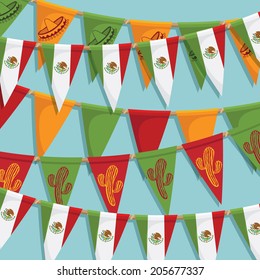 mexico bunting decoration background with flags, with clipping path and transparencies