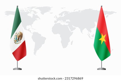 Mexiko und Burkina Faso Flaggen für offizielle Treffen vor dem Hintergrund der Weltkarte.