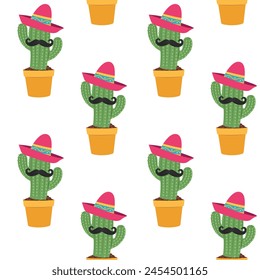 Mexico cactus with sombrero and mustache seamless pattern isolated on white background.