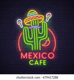 Mexico cafe neon sign. Neon sign, bright signboard, light banner. 