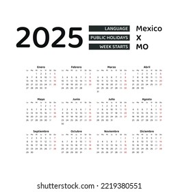 Mexico Calendar 2025. Week starts from Monday. Vector graphic design. Spanish language.