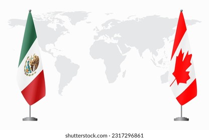 Mexico and Canada flags for official meeting against background of world map.