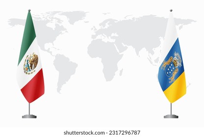 Mexico and Canary Islands flags for official meeting against background of world map.