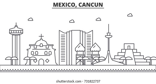 Mexico, Cancun architecture line skyline illustration. Linear vector cityscape with famous landmarks, city sights, design icons. Landscape wtih editable strokes