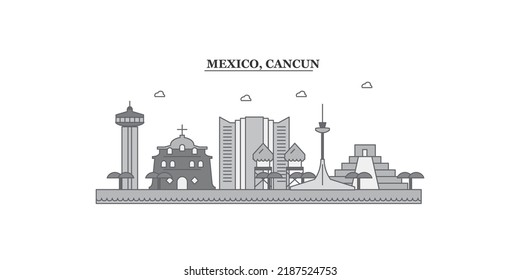 Mexico, Cancun city skyline isolated vector illustration, icons