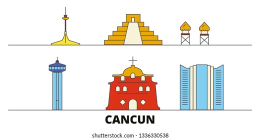 Mexico, Cancun flat landmarks vector illustration. Mexico, Cancun line city with famous travel sights, skyline, design. 