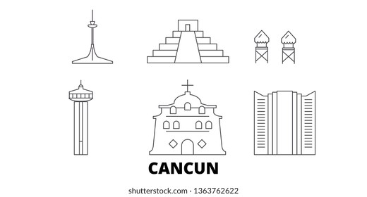 Mexico, Cancun line travel skyline set. Mexico, Cancun outline city vector illustration, symbol, travel sights, landmarks.